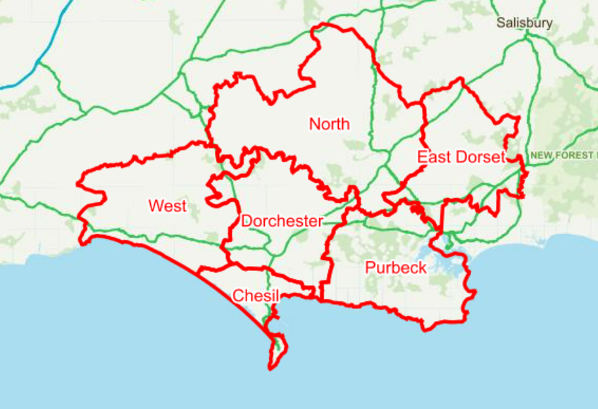 Map showing the locality areas in Dorset Council.