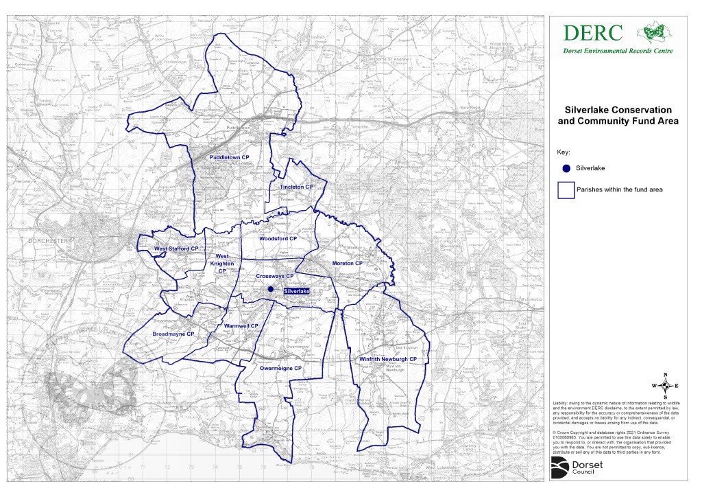 A map showing the parish areas of: Warmwell, Crossways, Knightsford, Broadmayne, Owermoigne, Puddletown, Moreton and Winfrith Newburgh