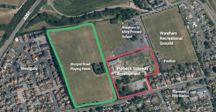 Aerial photo of Worgret Road playing fields, and the gateway development