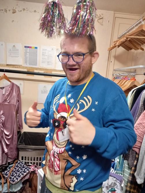 Jack getting into the Christmas mood at the Margaret Green Animal Rescue charity shop