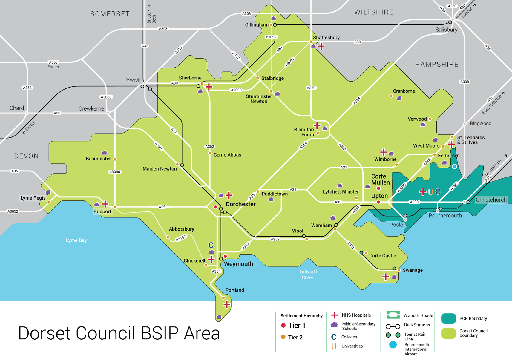 Image of map showing the area that is covered by Dorset Council Bus Service Improvement Plan