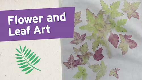 Artistic arrangement of colourful leaves on a light beige background with a purple banner reading 'Flower and Leaf Art' and a green leaf illustration.