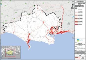 image of map of Dorset showing bus frequency during saturdays 09:00 to 16:00