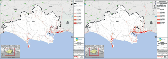 image of two maps of Dorset showing bus frequency during midweek hours of 18:00 to 24:00 on the left hand side, and sundays 09:00 to 16:00 on the right hand side