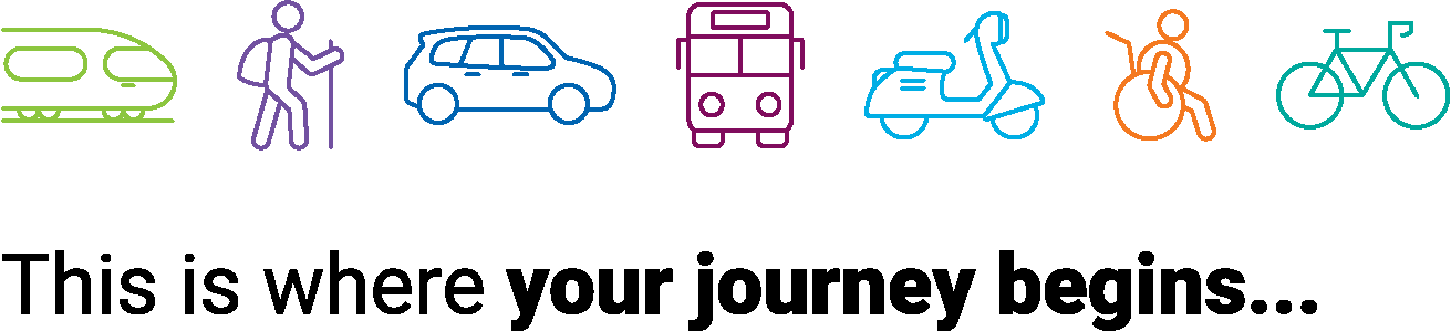 Icons representing different modes of transportation- train, person walking, car, bus, scooter, wheelchair user, and bicycle. With the text 'This is where your journey begins...