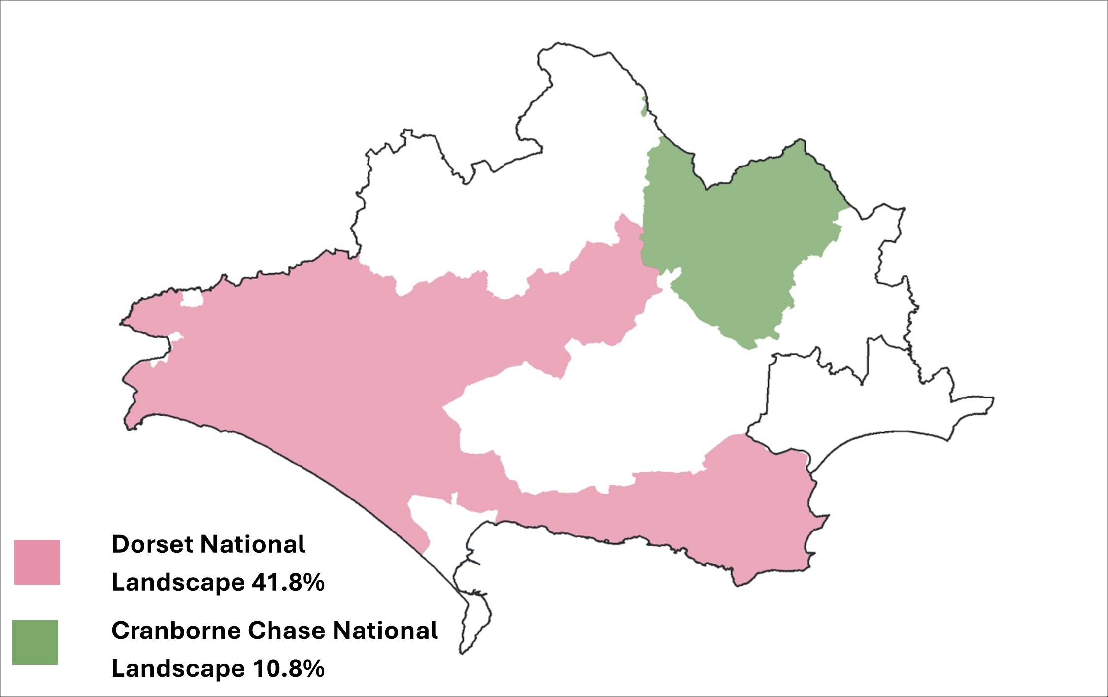 Dorset's National Landscapes. Dorset National Landscape covers 41.8% of Dorset and Cranborne Chase National Landscape covers 10.8%. 