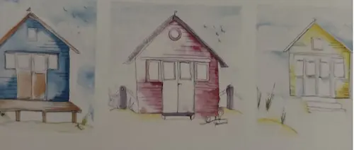 Watercolour painting of houses.